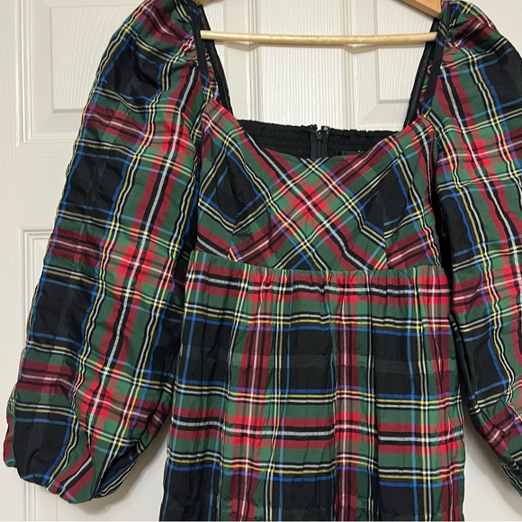J CREW Puffed Sleeve Plaid Mini Dress Stewart Tartan Pockets Holiday Size 8 - Picture 5 of 14